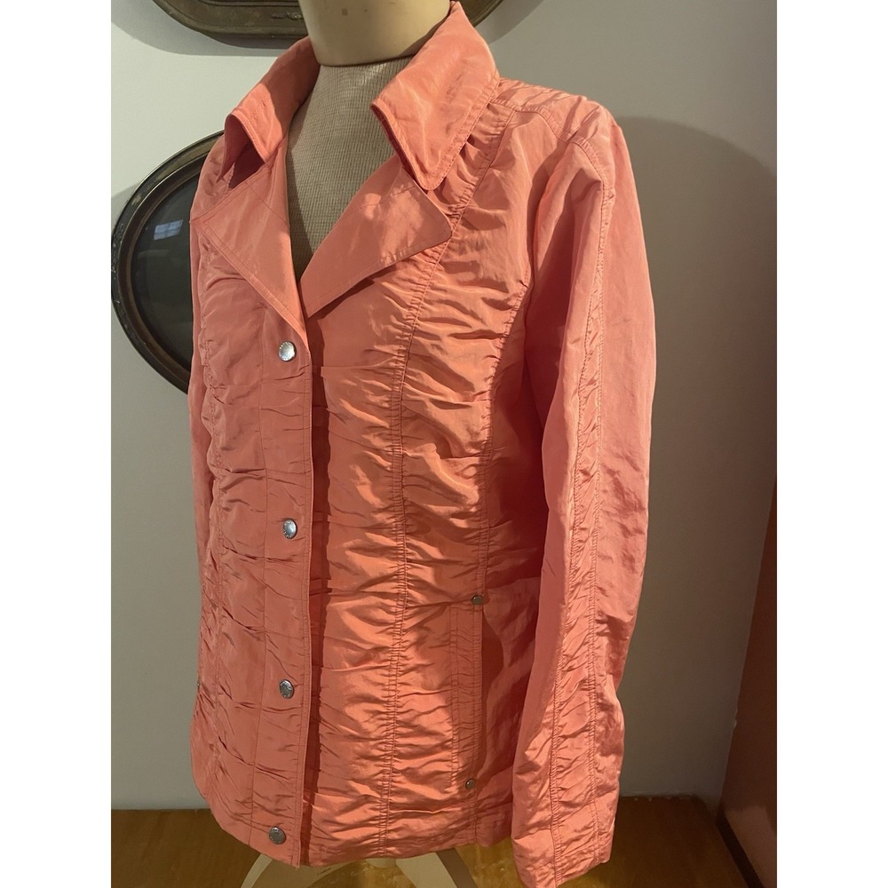 Chicos Fitted Coral Ruched Lightweight jacket snap Button With collar Sz 1 L Vtg